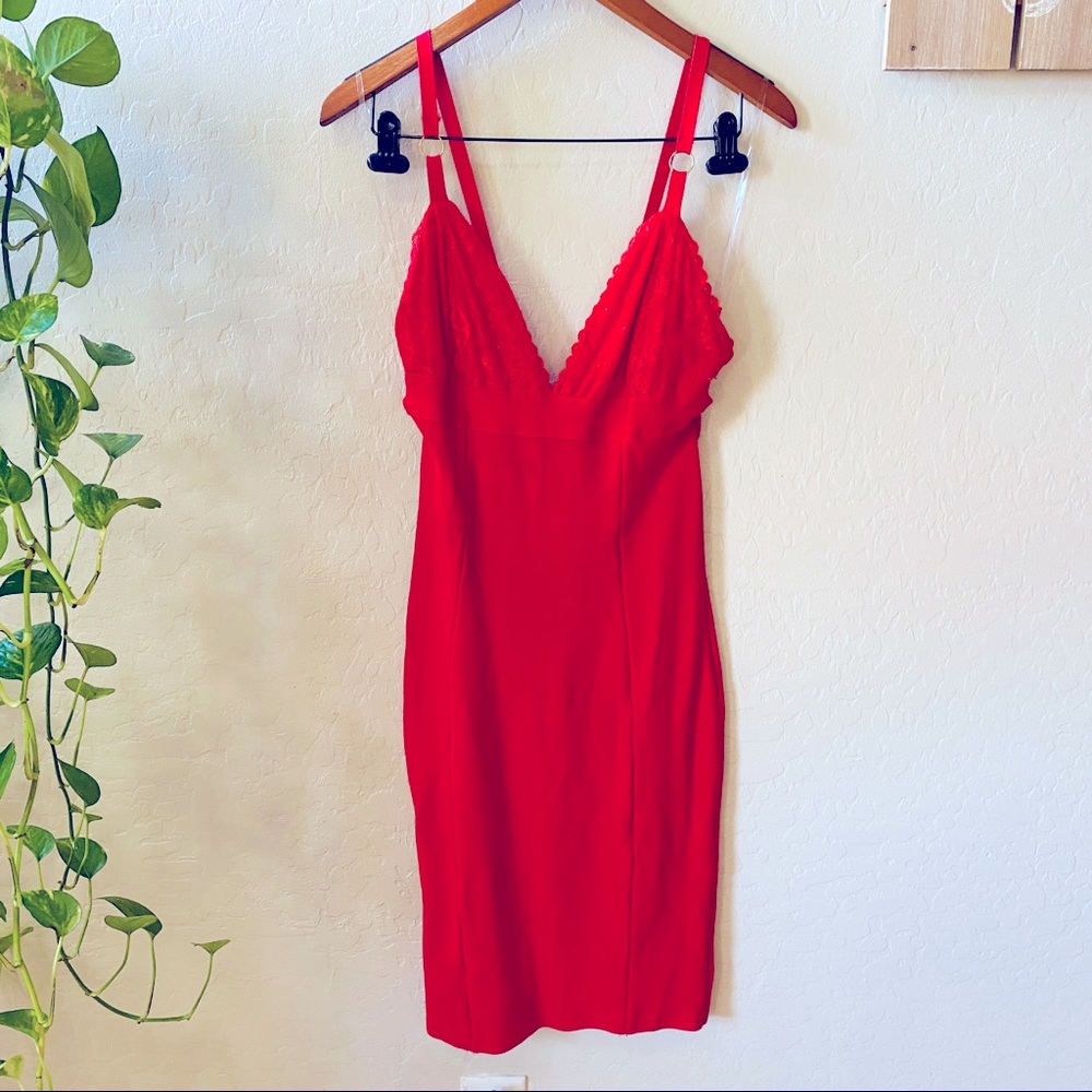 House of CB Red Lace-Trim Bodycon Dress